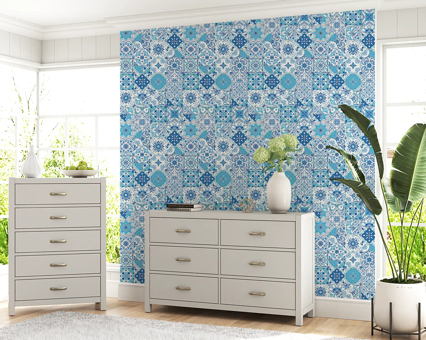 Decorative tile wallpaper with layered blue tones and symmetry