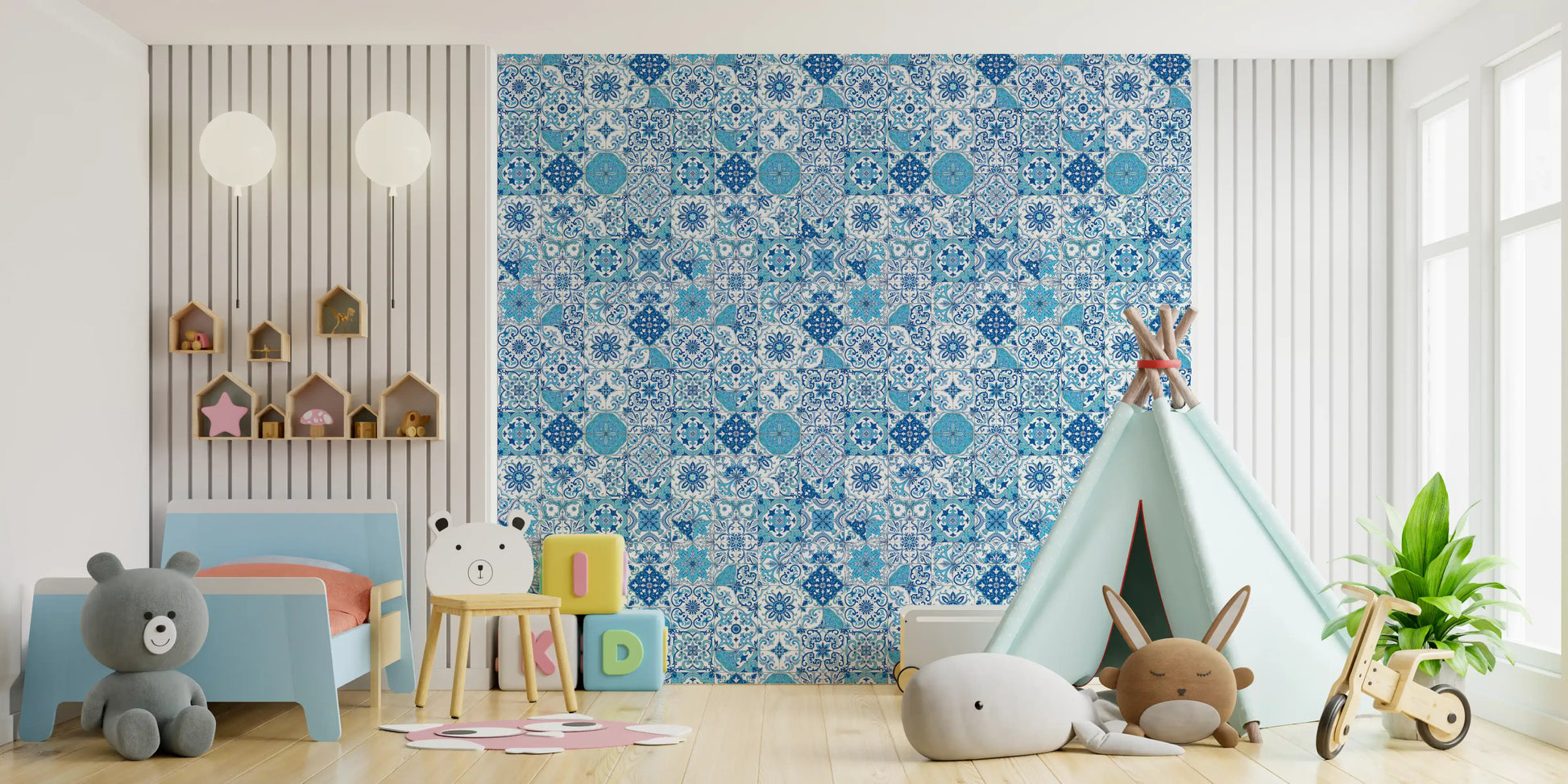 Azulejo Tiles 2 wallpaper in a kids room with geometric tile layout