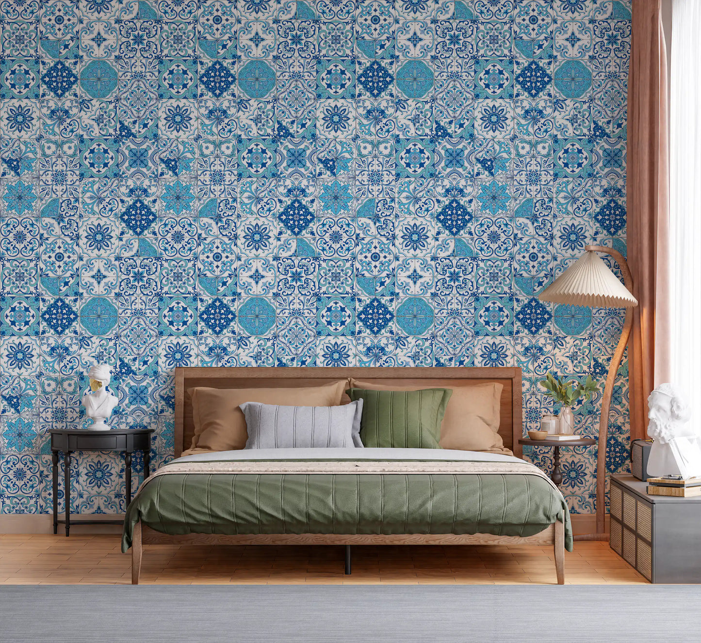 Mediterranean blue tile wallpaper in a bedroom with floral motifs