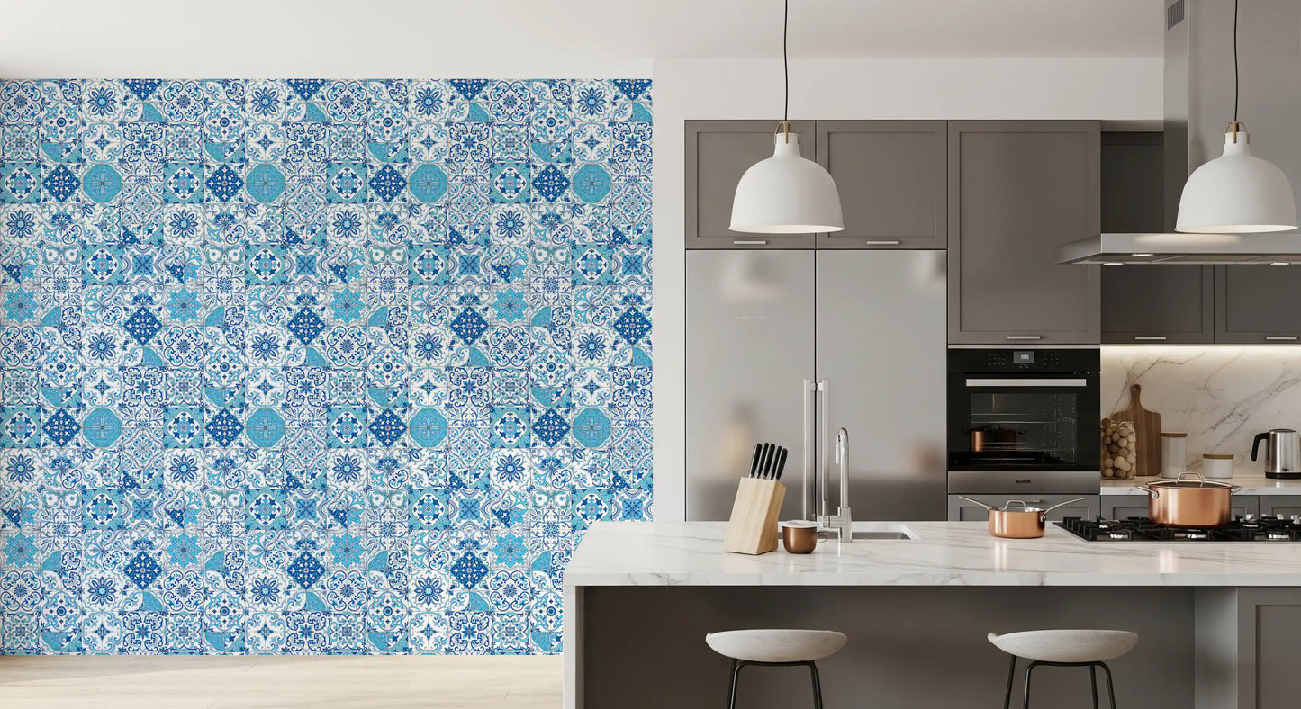Blue ceramic-style wallpaper with structured tile grid pattern