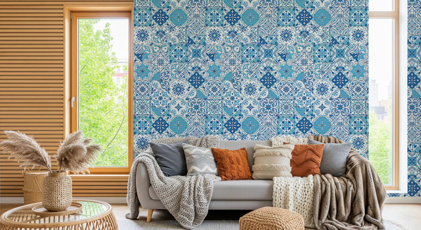 Classic azulejo wallpaper with intricate floral and geometric design