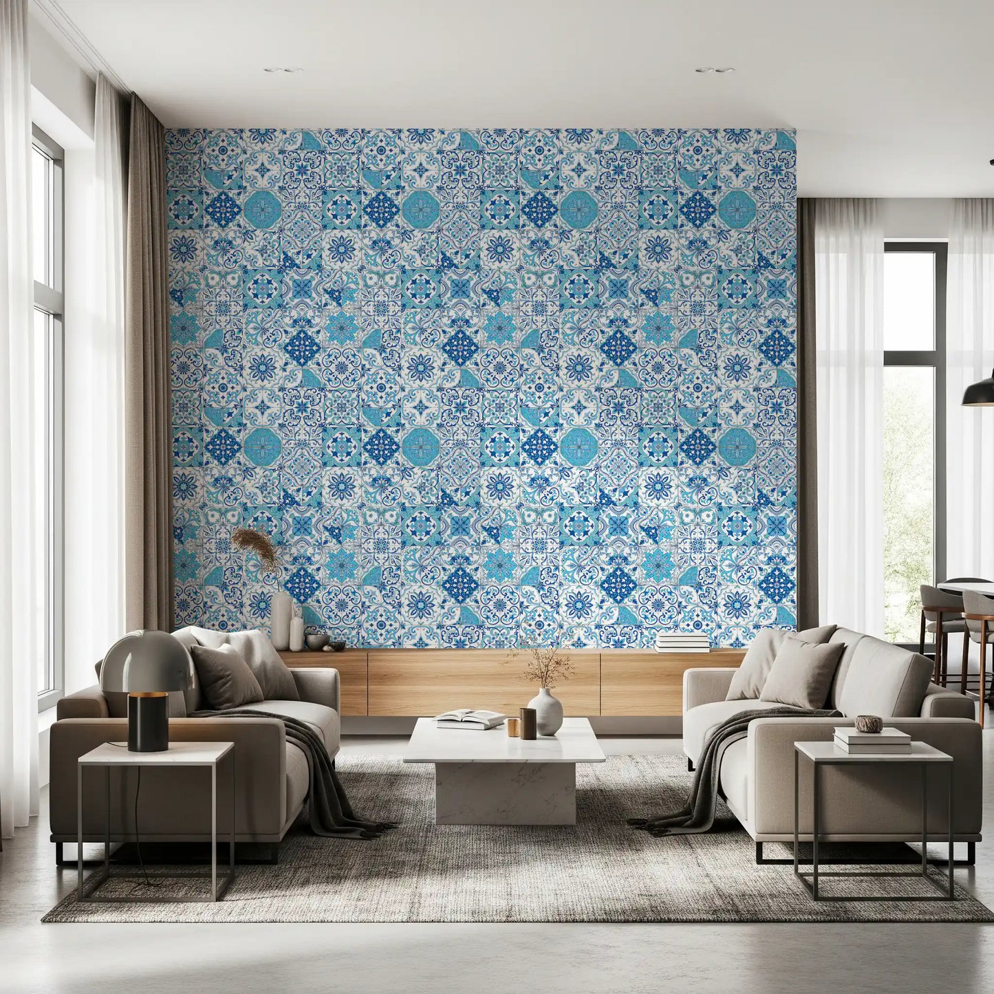 Mediterranean pattern wallpaper with detailed blue tile elements