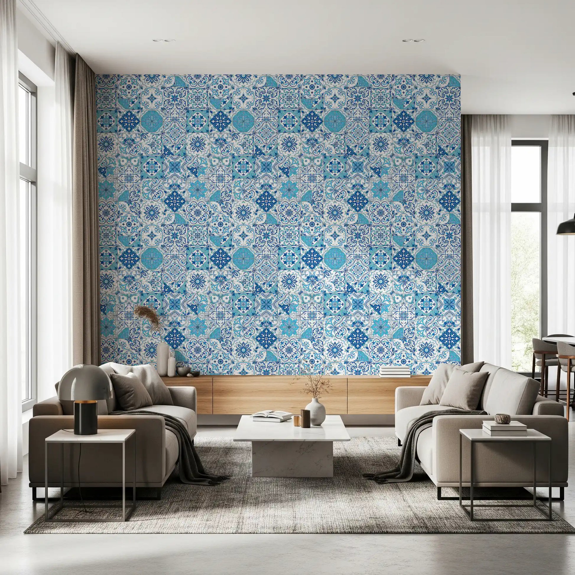 Mediterranean pattern wallpaper with detailed blue tile elements