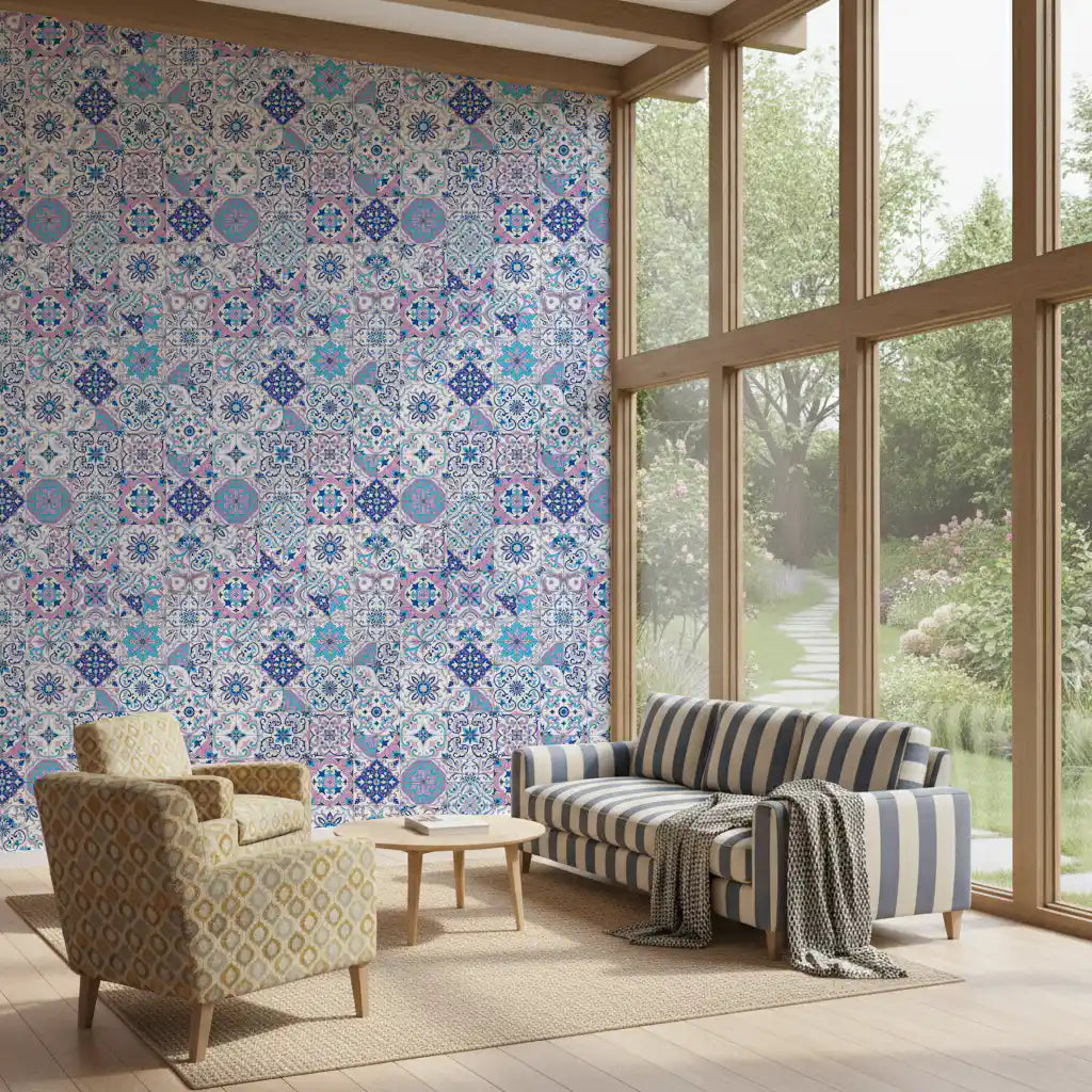 Decorative tile wallpaper with blue and pink floral patterns