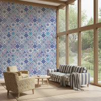 Decorative tile wallpaper with blue and pink floral patterns