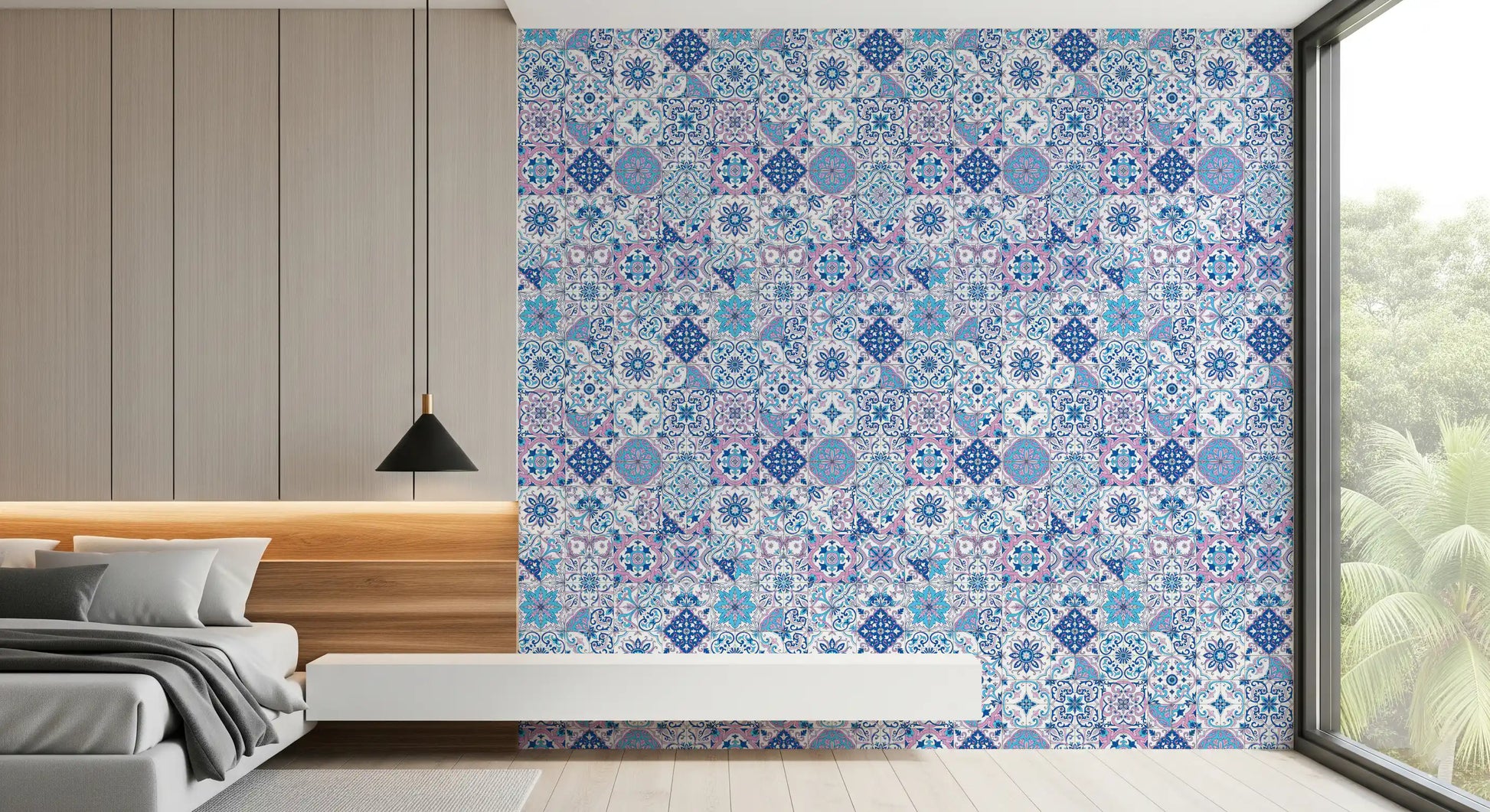 Azulejo tiles wallpaper in a bedroom with blue and pink pattern grid