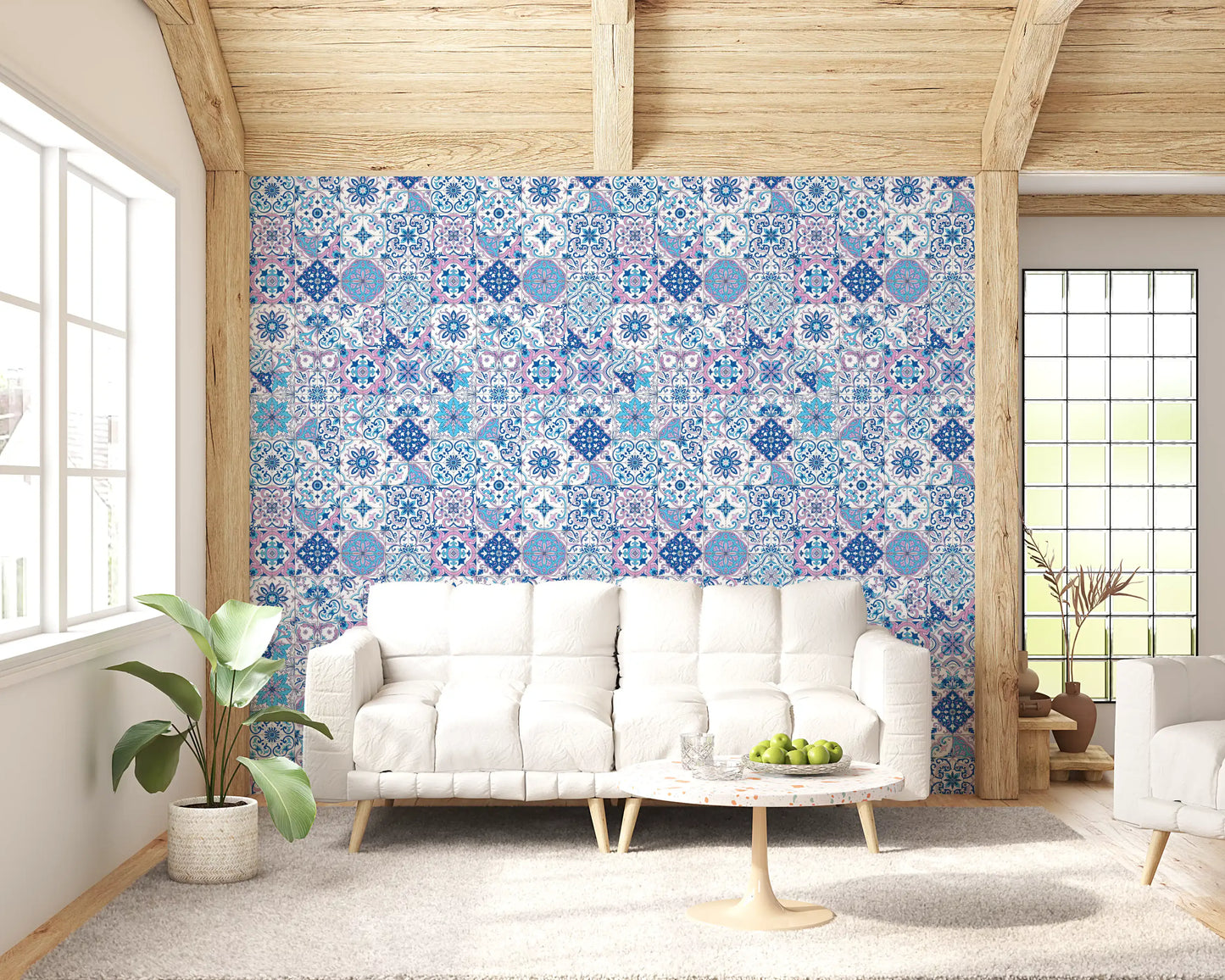 Blue azulejo wallpaper with repeating square tile pattern