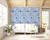 Blue azulejo wallpaper with repeating square tile pattern