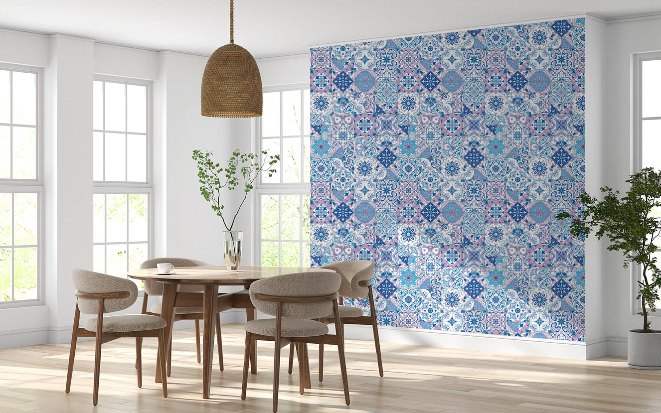 Azulejo wallpaper in a bathroom with detailed tile layout