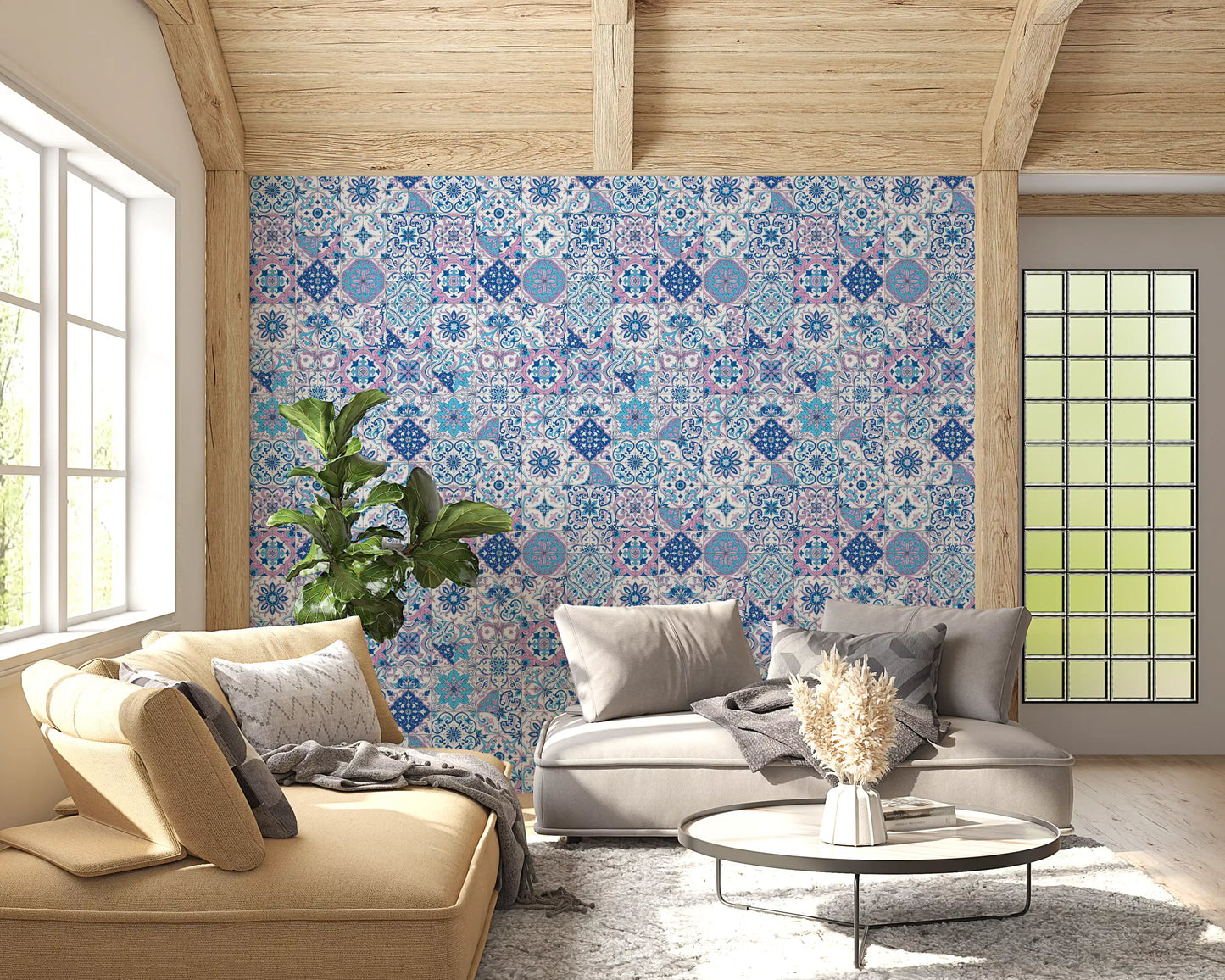 Mediterranean tile wallpaper in a living room with floral geometric design