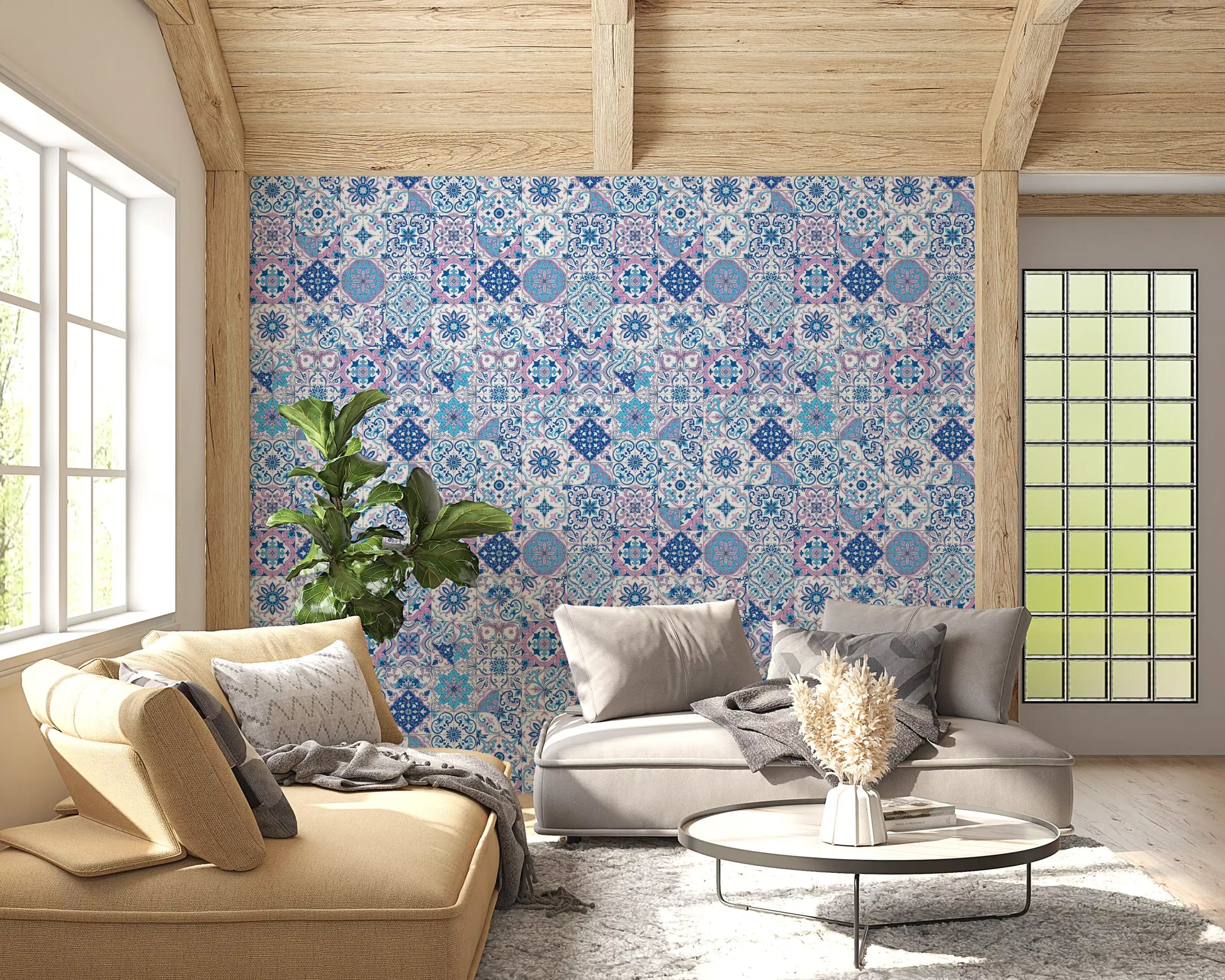 Mediterranean tile wallpaper in a living room with floral geometric design