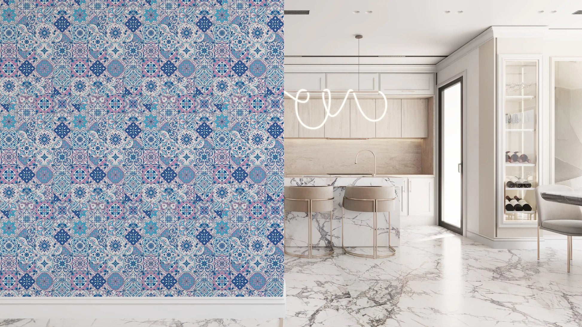 Pattern wallpaper with ceramic tile-inspired design and detail