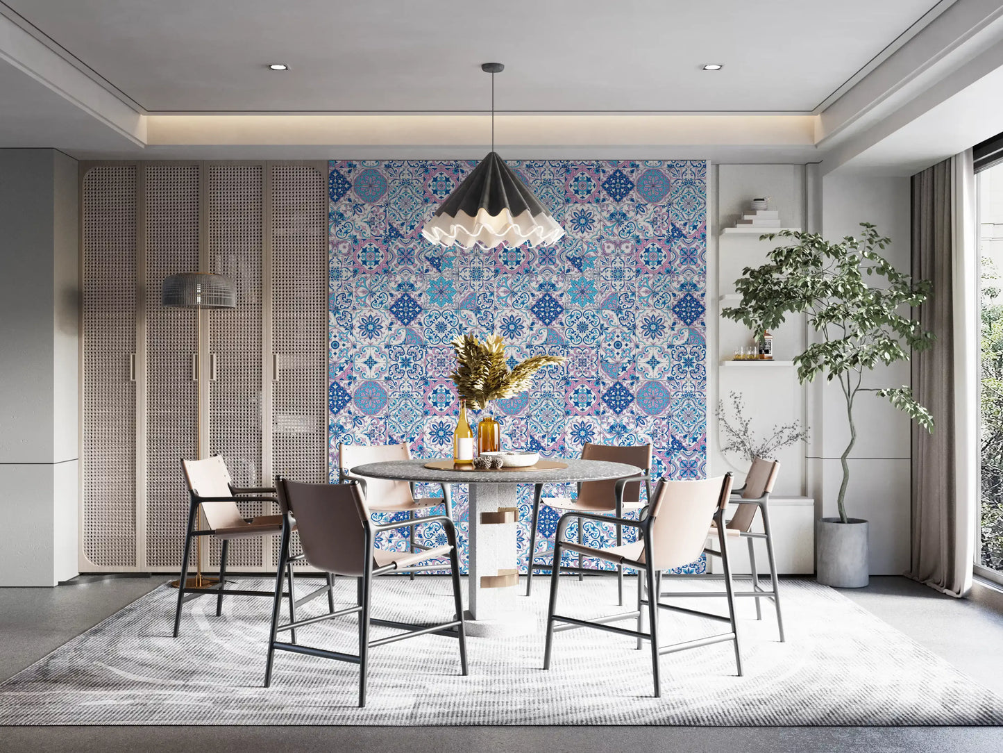 Vintage tile wallpaper with floral and geometric elements
