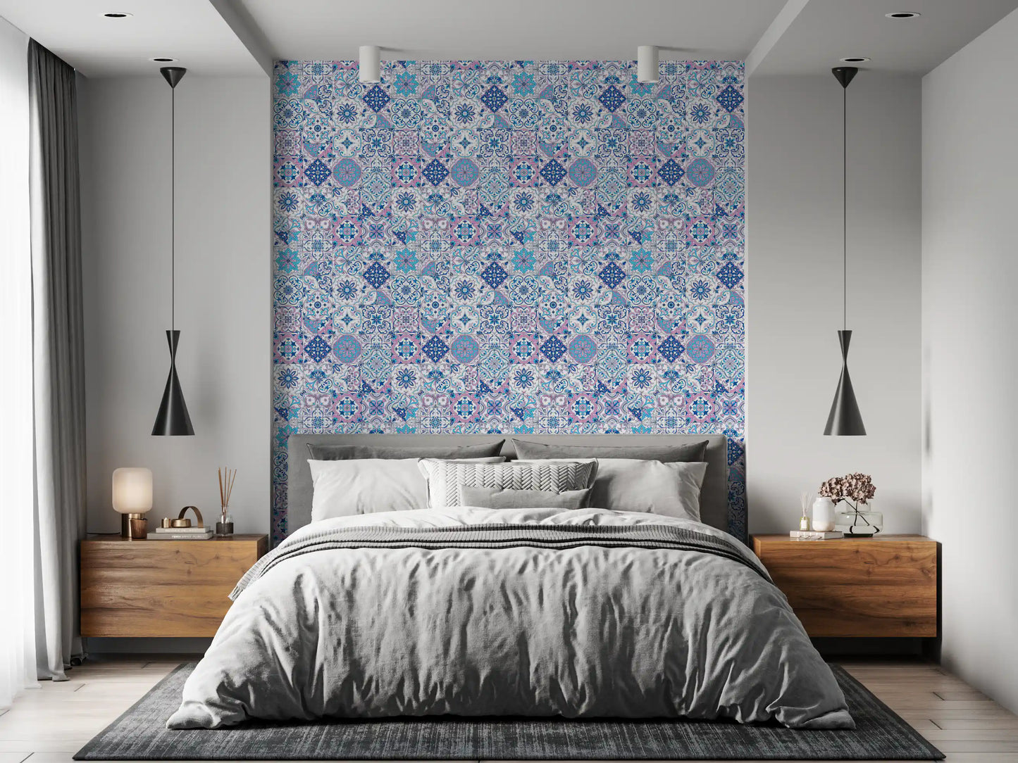 Classic tile wallpaper with intricate motifs and white base