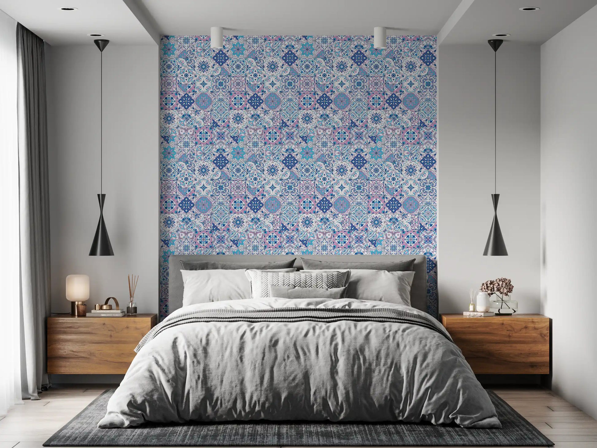 Classic tile wallpaper with intricate motifs and white base