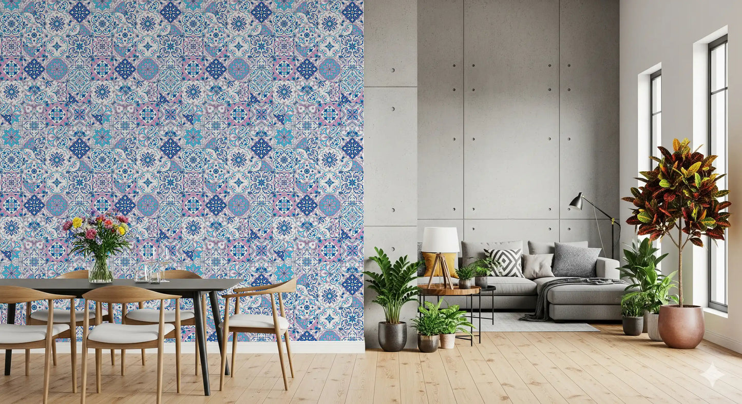 Pattern tile wallpaper for a hallway with blue ceramic style motifs