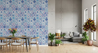 Pattern tile wallpaper for a hallway with blue ceramic style motifs
