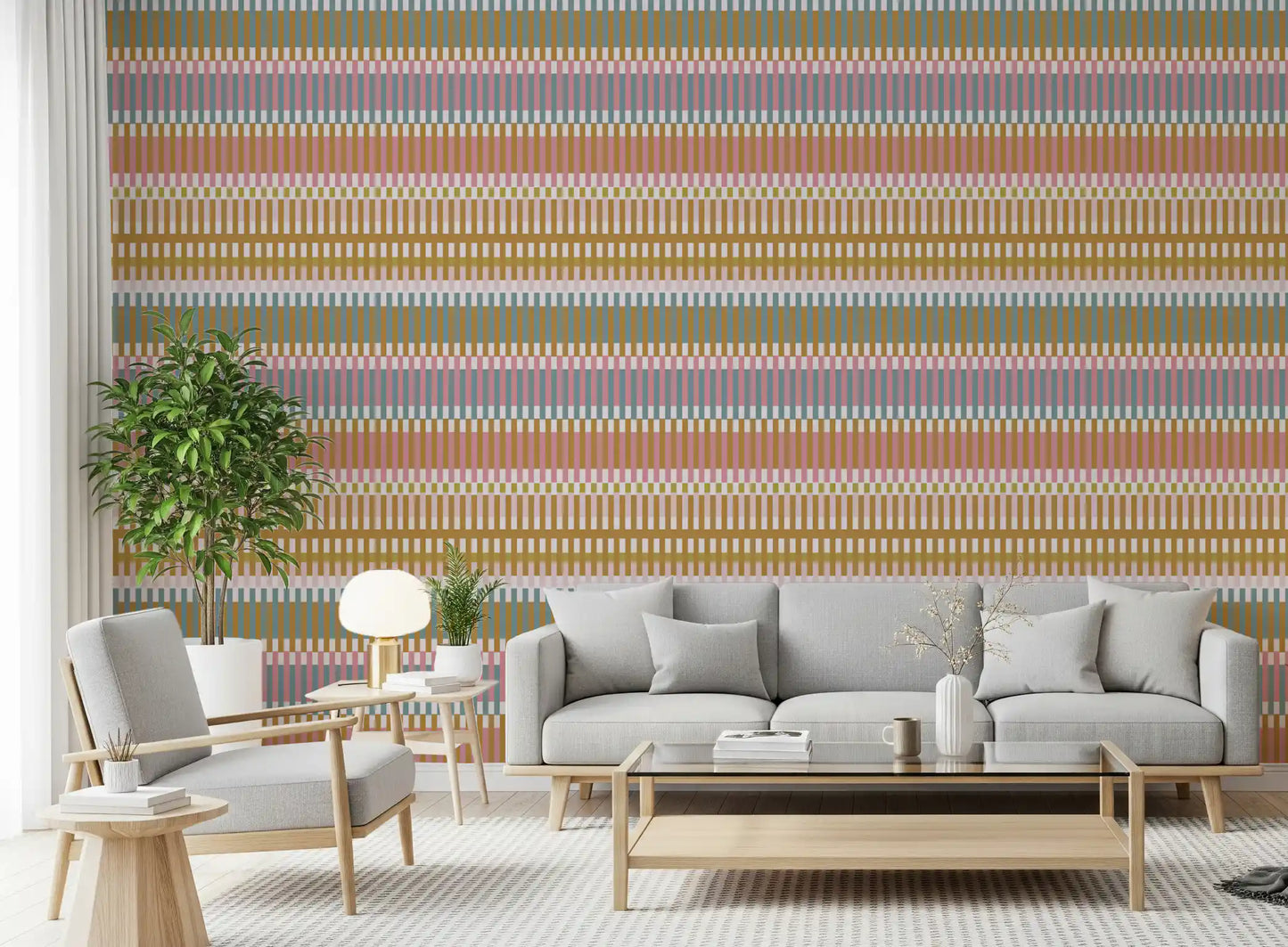 Retro Weave stripe wallpaper with mustard, pink, and blue tones