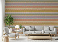 Retro Weave stripe wallpaper with mustard, pink, and blue tones
