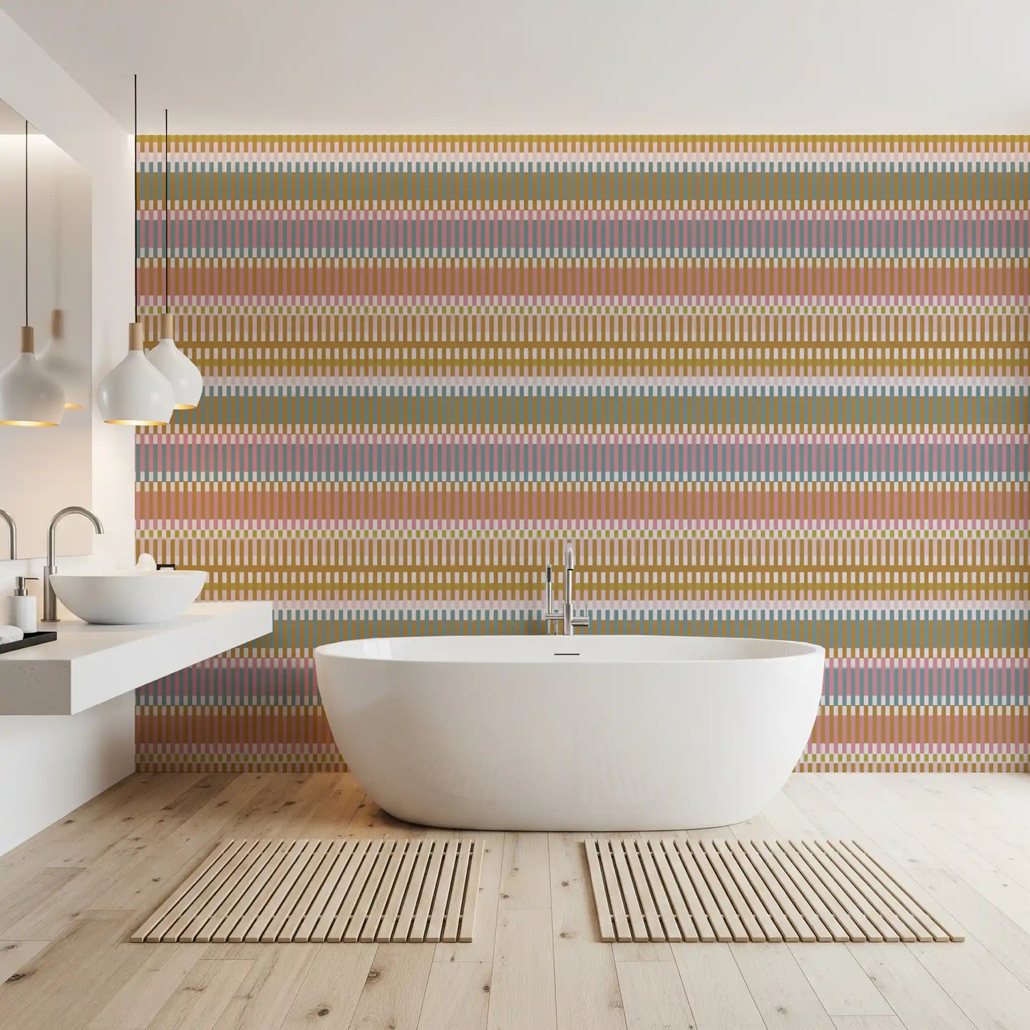 Retro Weave Blocks wallpaper in a bathroom with structured line pattern