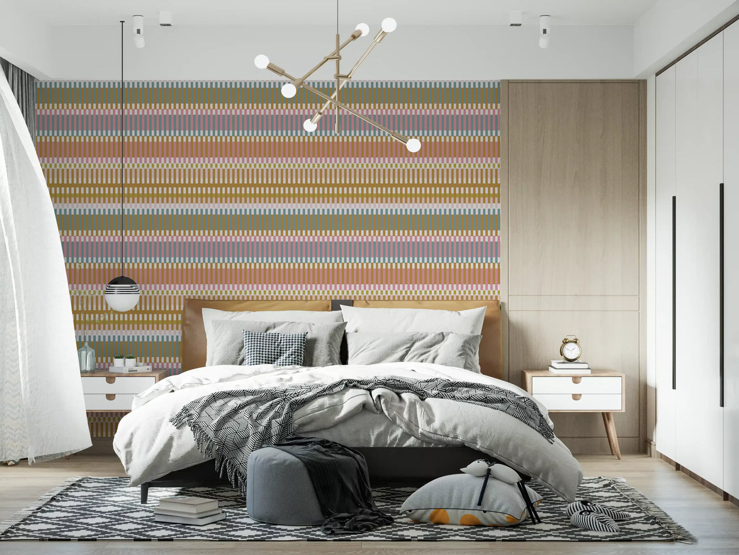 Decorative stripe wallpaper with woven block effect and subtle tones