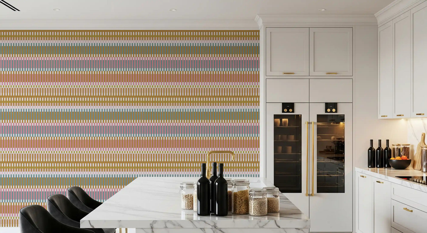 Geometric wallpaper with layered stripe bands and soft color palette