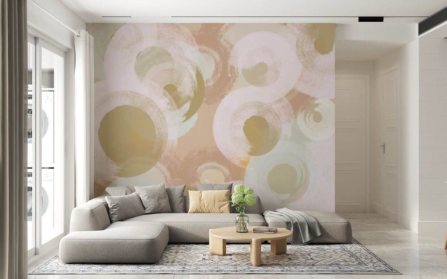 Brushstroke oval wall mural for a hallway with layered pastel shapes