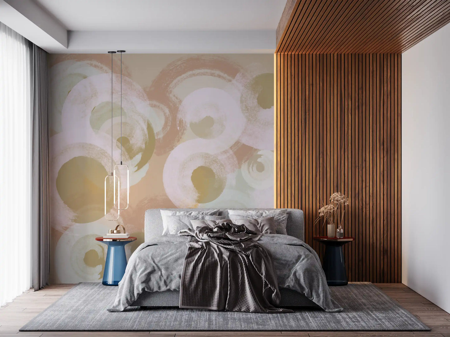 Neutral abstract wall mural with brush ovals and soft blended tones
