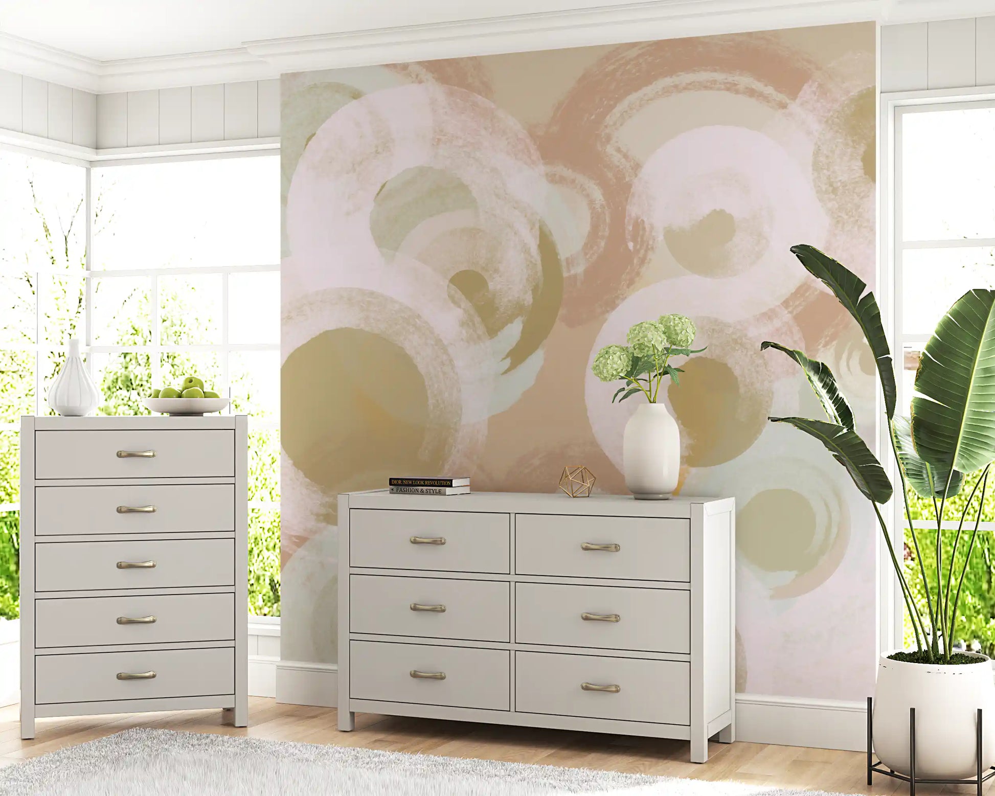 Contemporary abstract wall mural with circular brush patterns