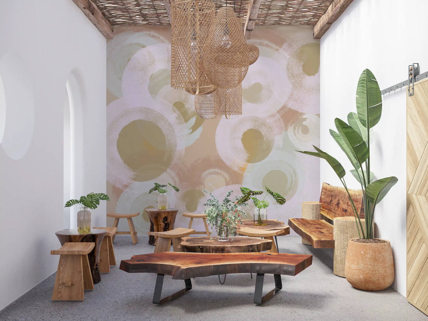 Whisper Brush Ovals wall mural in a cafe area with soft textured design