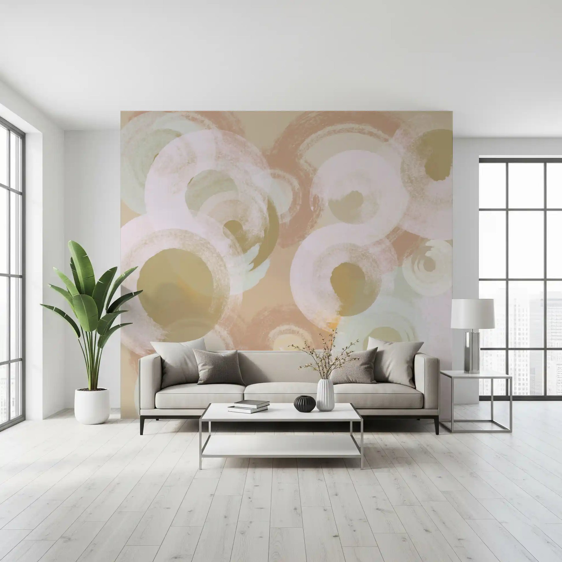 Minimal abstract wall mural with pastel ovals and smooth texture
