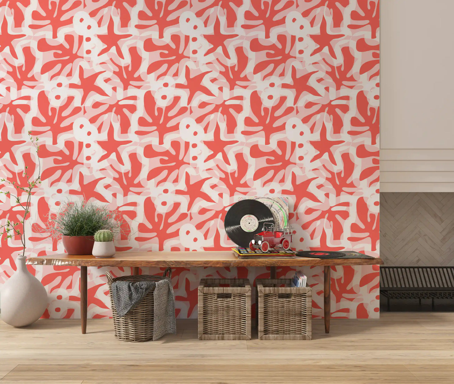 Abstract coral wallpaper with soft overlay shapes and warm tones