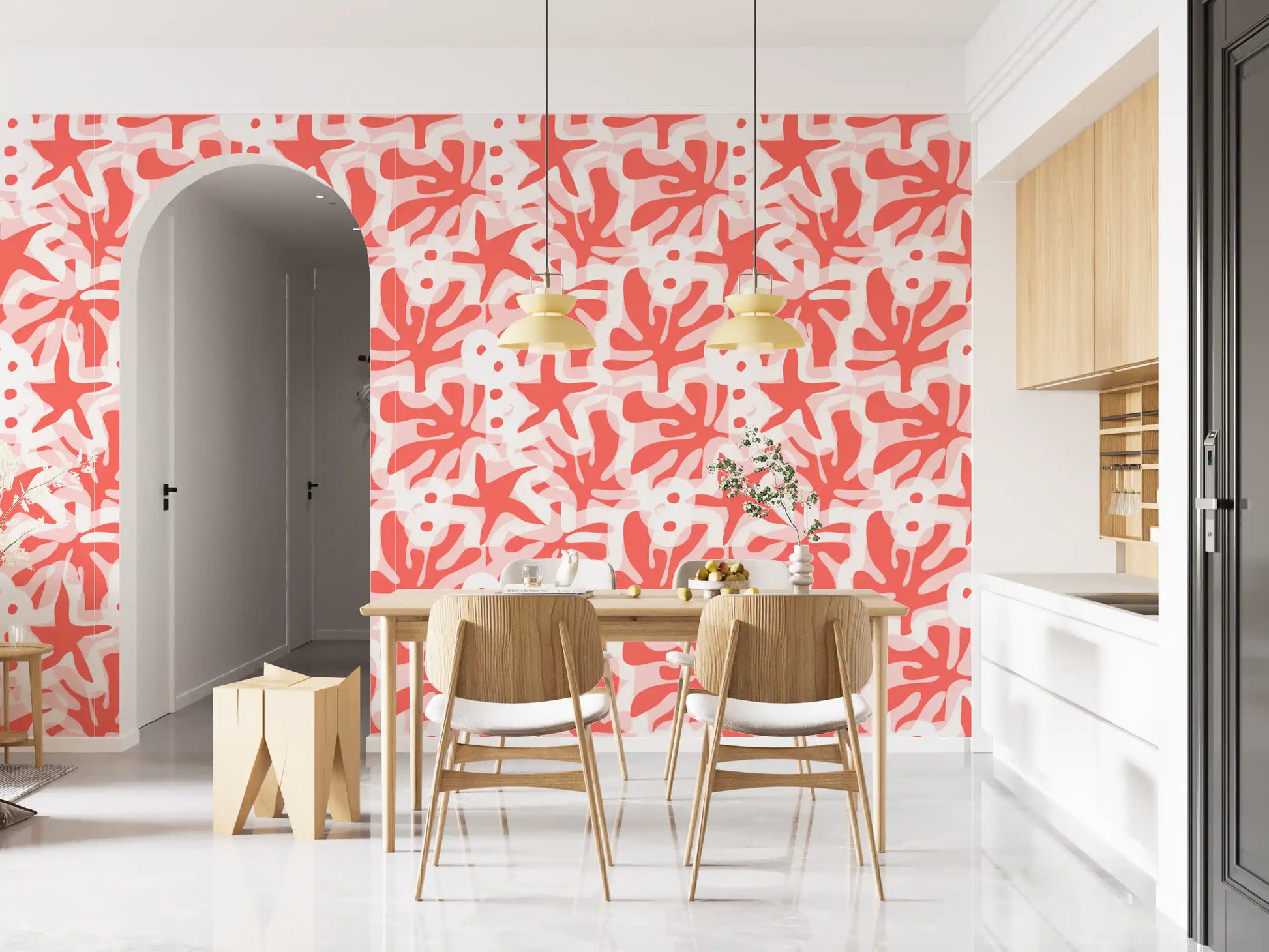 Coral Bloom Overlay wallpaper in a dining room with bold layered design