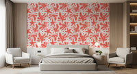 Coral abstract wallpaper in a bedroom with layered blush and beige forms