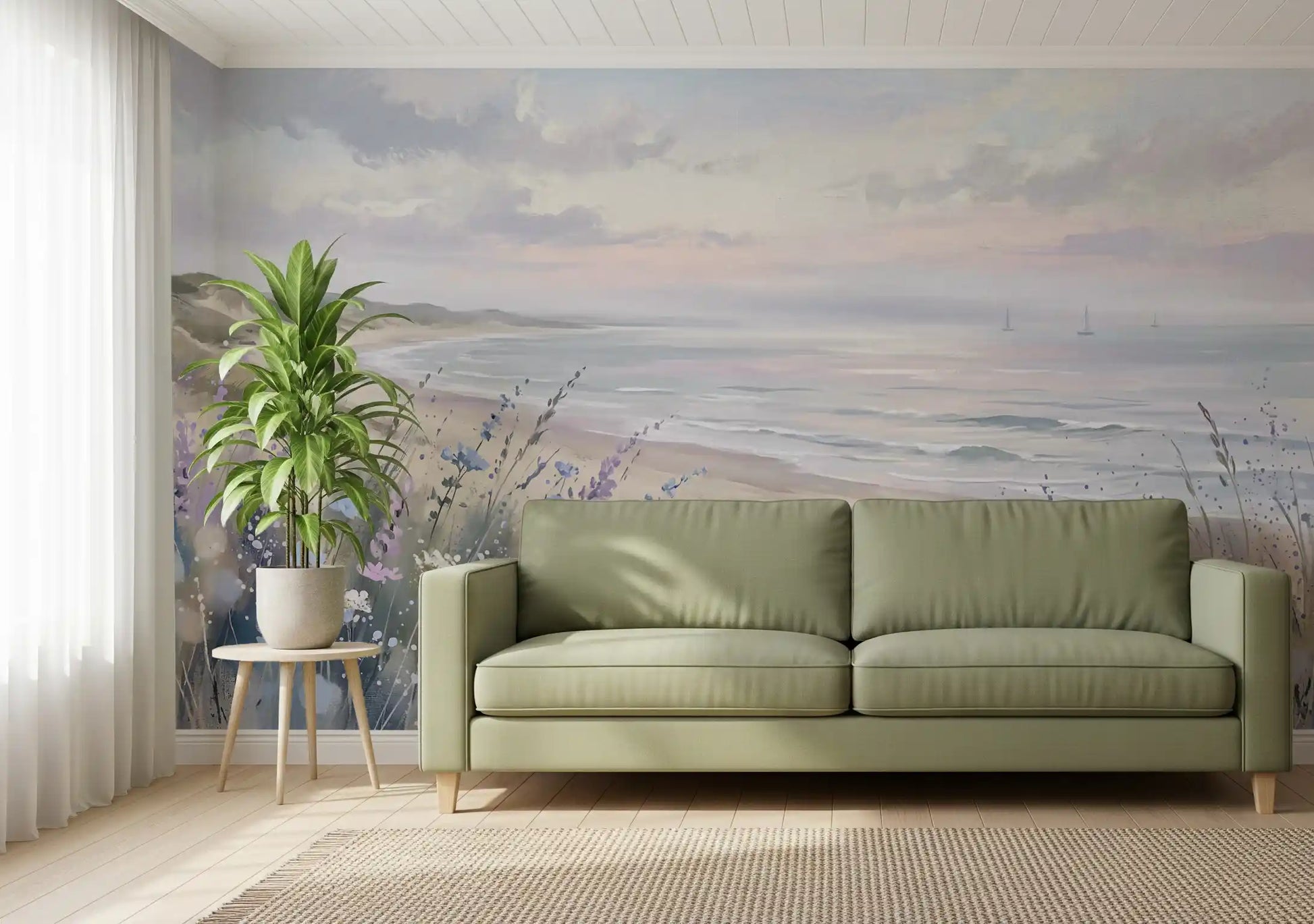 Home office wall mural with dune flowers and calm ocean horizon