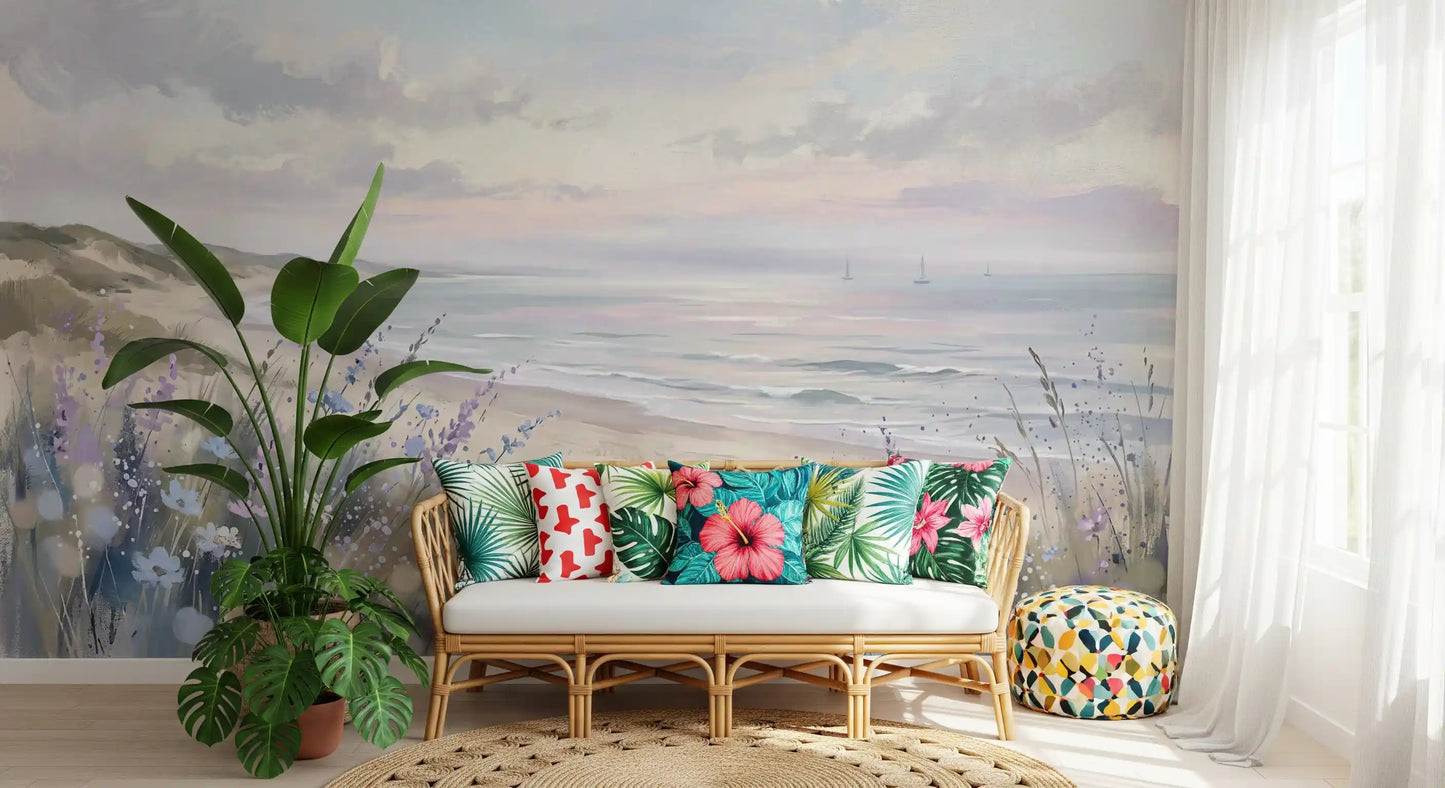 Entryway bloom wall mural with dreamy pastel sky and shoreline