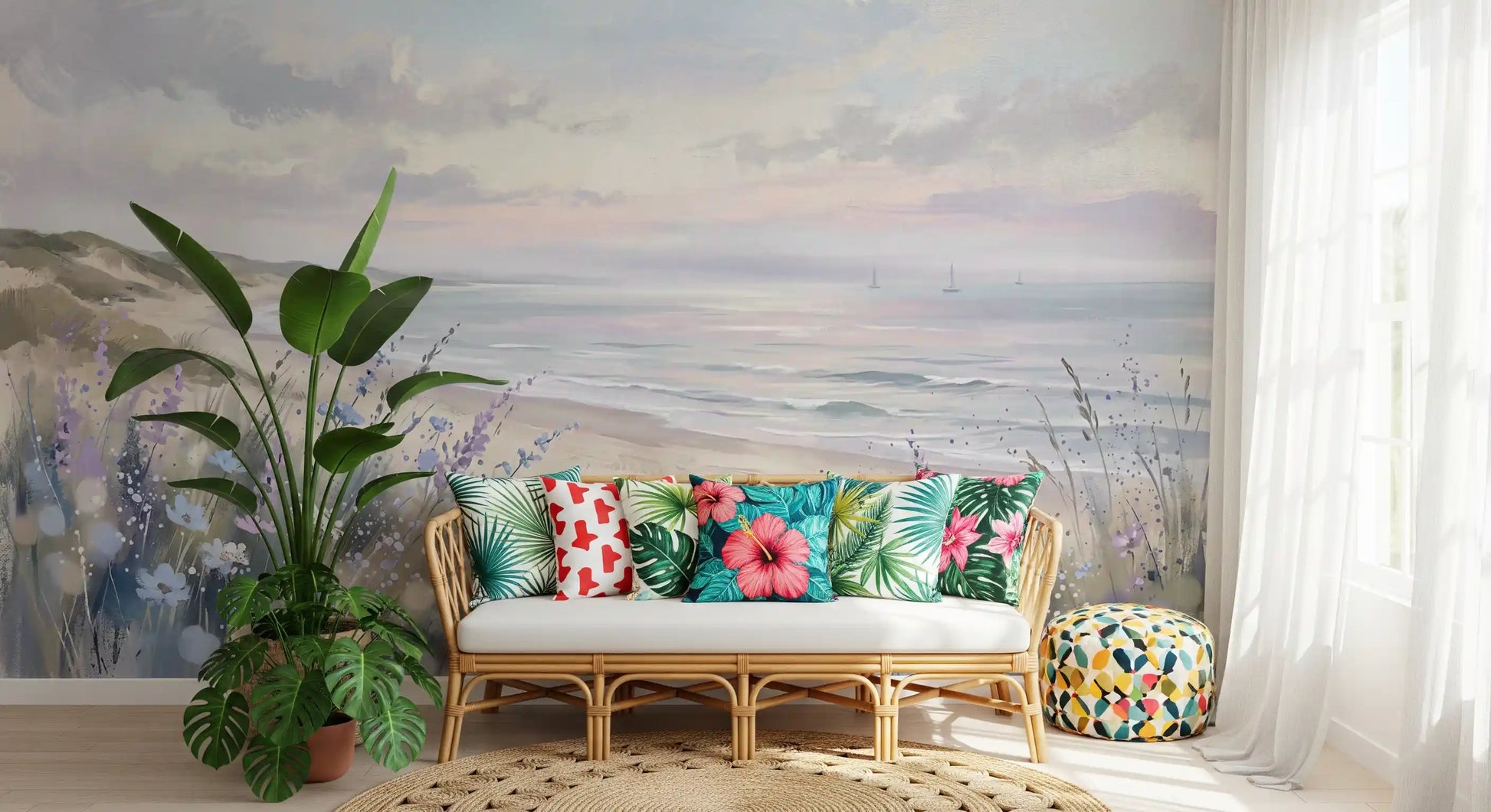 Entryway bloom wall mural with dreamy pastel sky and shoreline