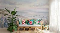 Entryway bloom wall mural with dreamy pastel sky and shoreline
