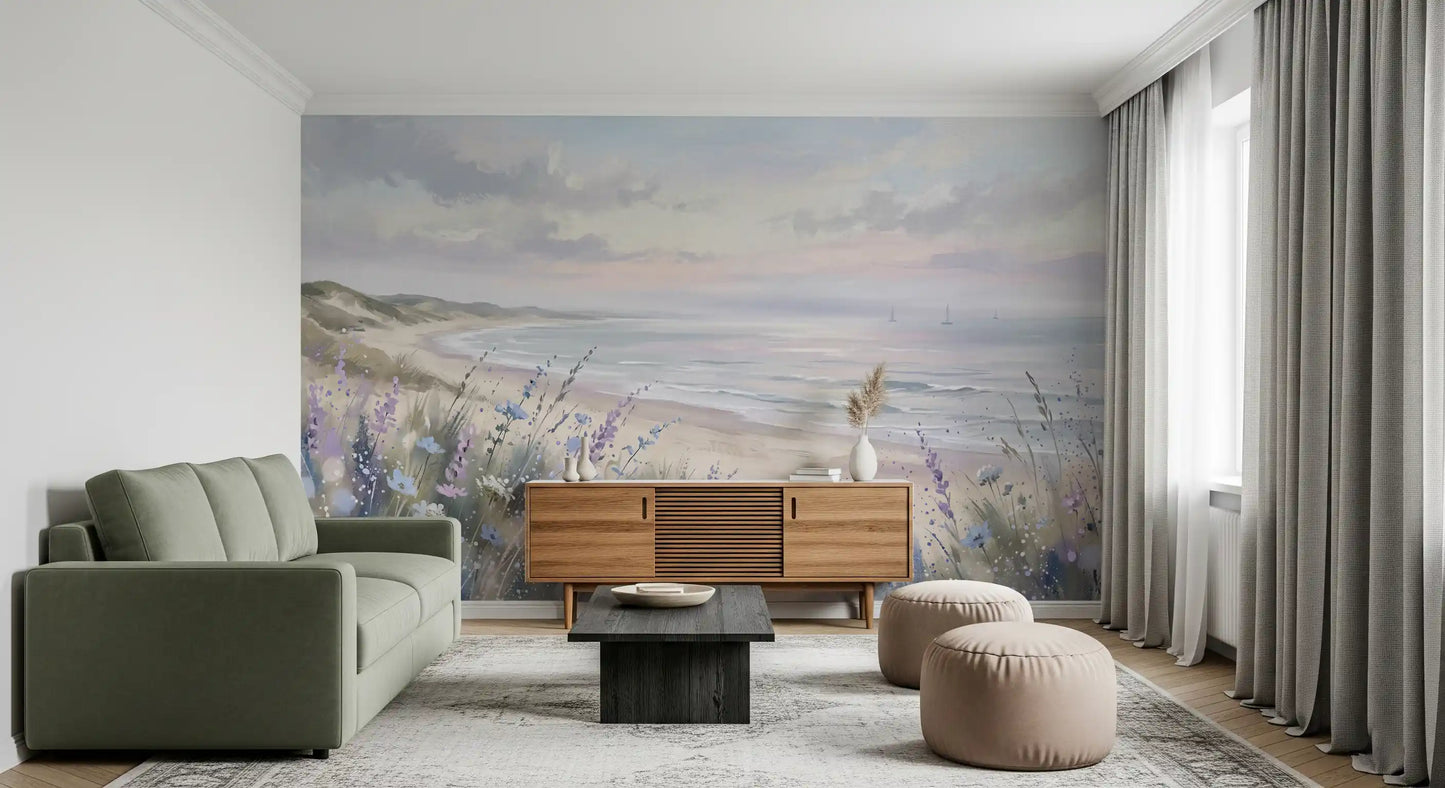 Lounge area wall mural with coastal flowers and gentle seaside waves