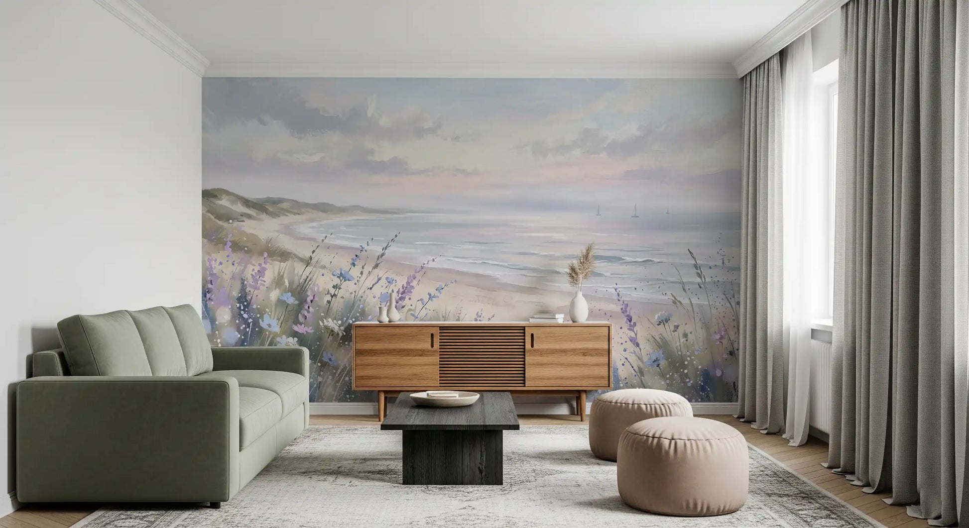 Lounge area wall mural with coastal flowers and gentle seaside waves