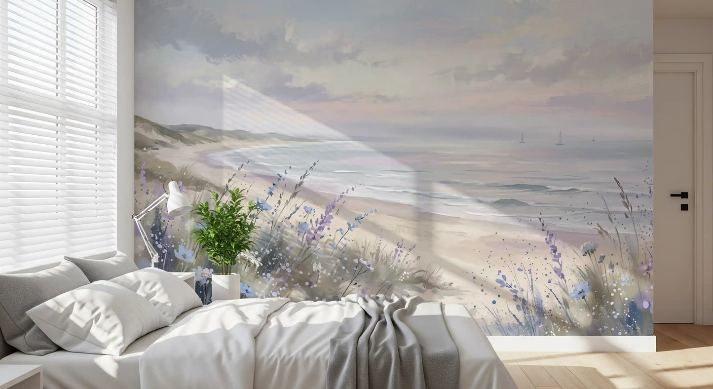 Bedroom wall mural with serene seaside blooms and textures