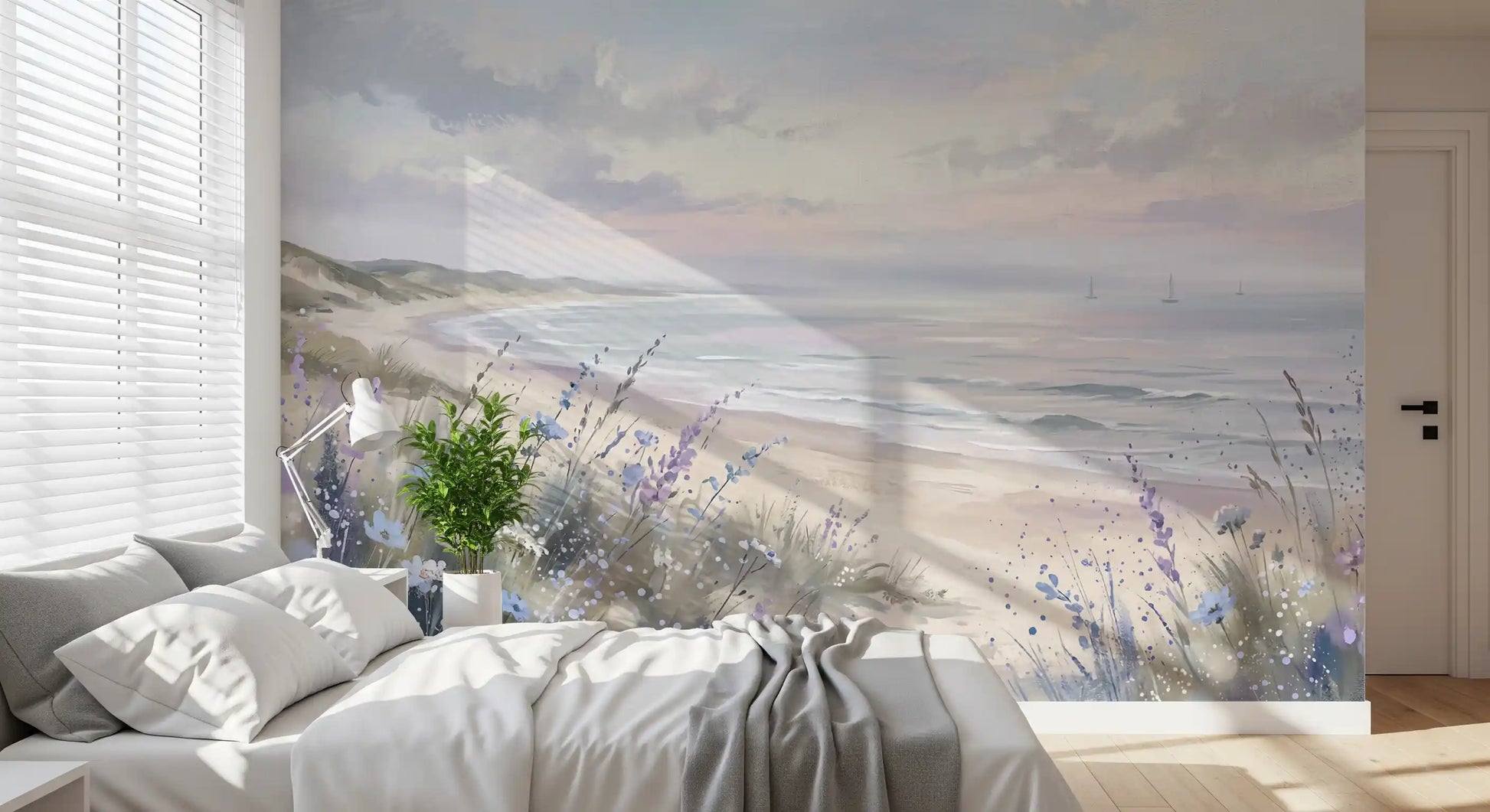 Bedroom wall mural with serene seaside blooms and textures