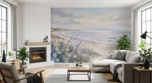 Living room wall mural with seaside dune blooms and soft coastal tones