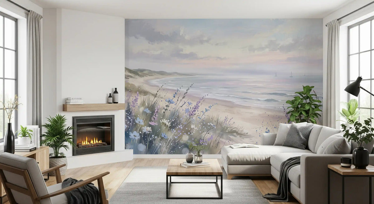 Living room wall mural with seaside dune blooms and soft coastal tones