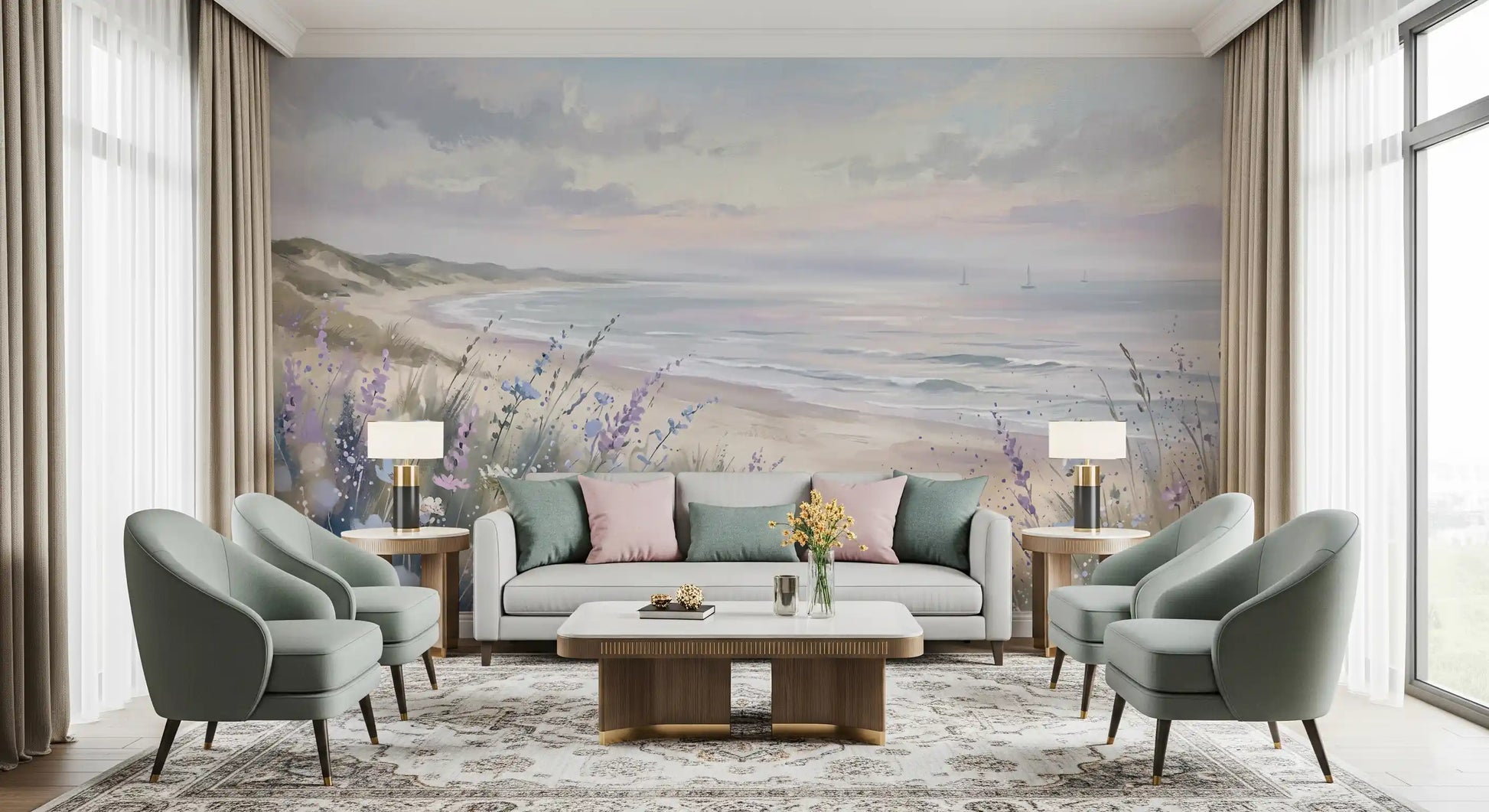 Living room wall mural with calming coastal floral dunes
