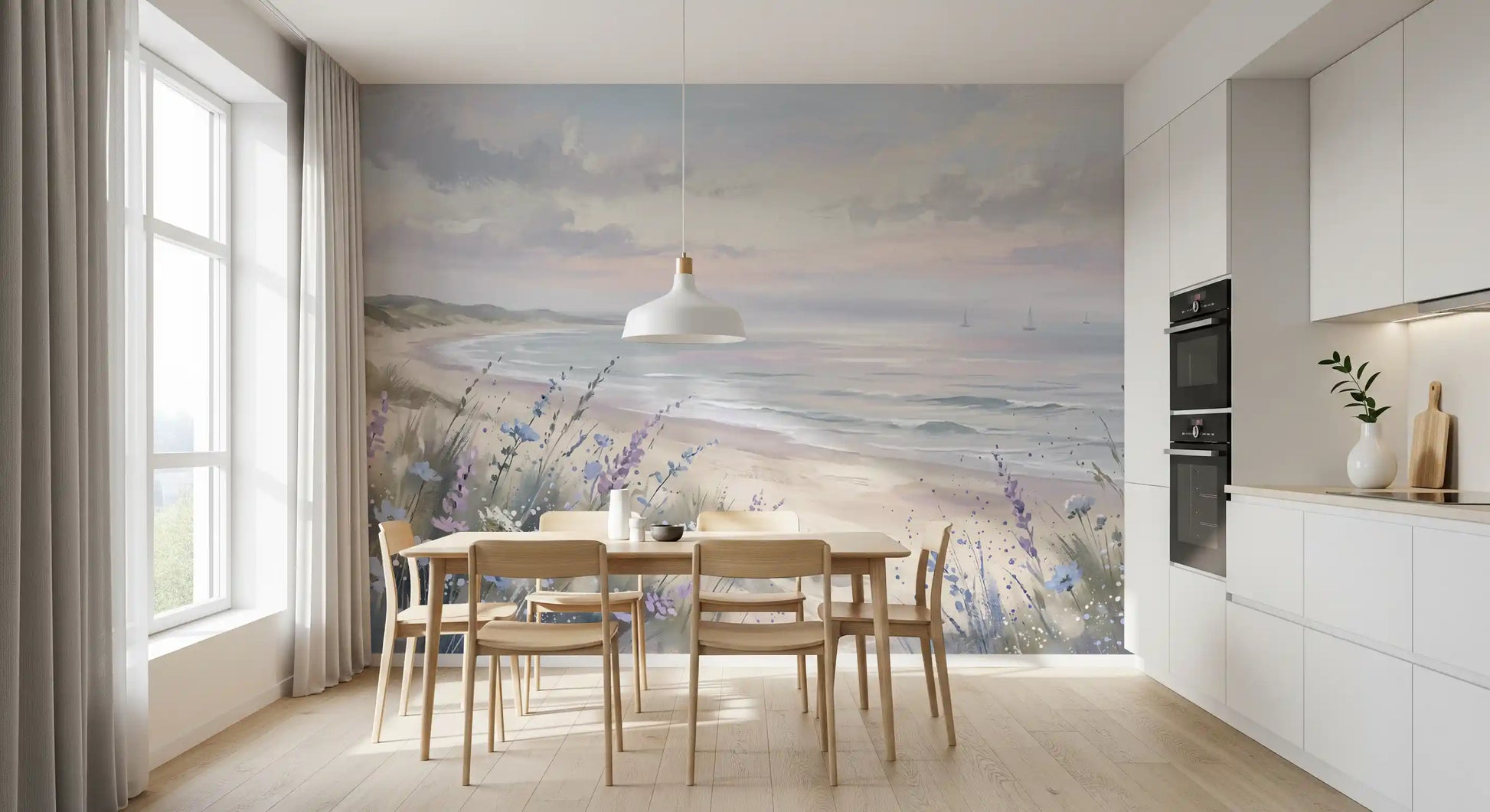 Dining room wall mural with soft beach waves and floral dunes