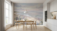 Dining room wall mural with soft beach waves and floral dunes
