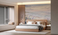 Bedroom wall mural with beach blooms and sandy textures