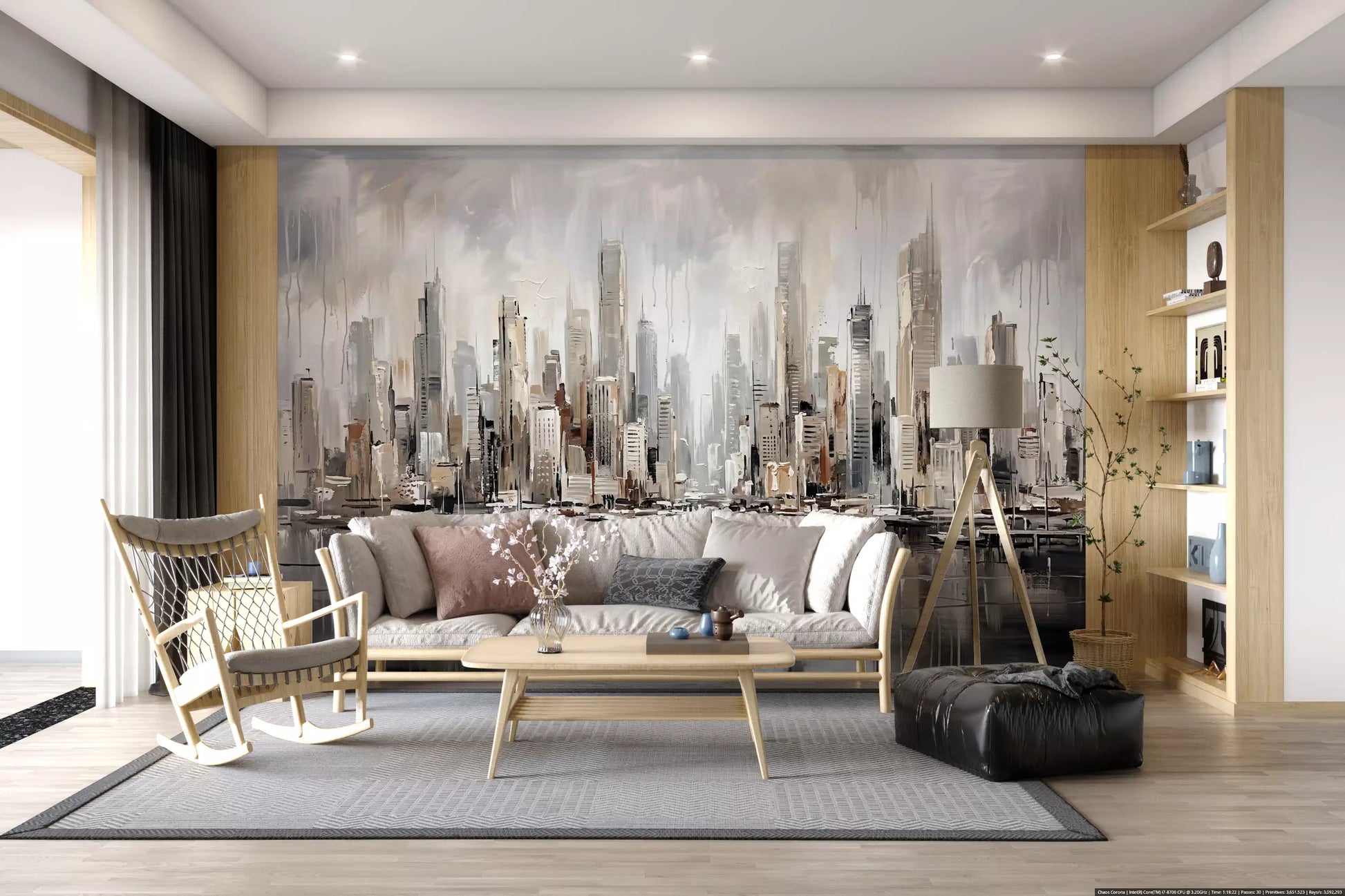 Hallway with harbour wall mural and layered neutral cityscape towers