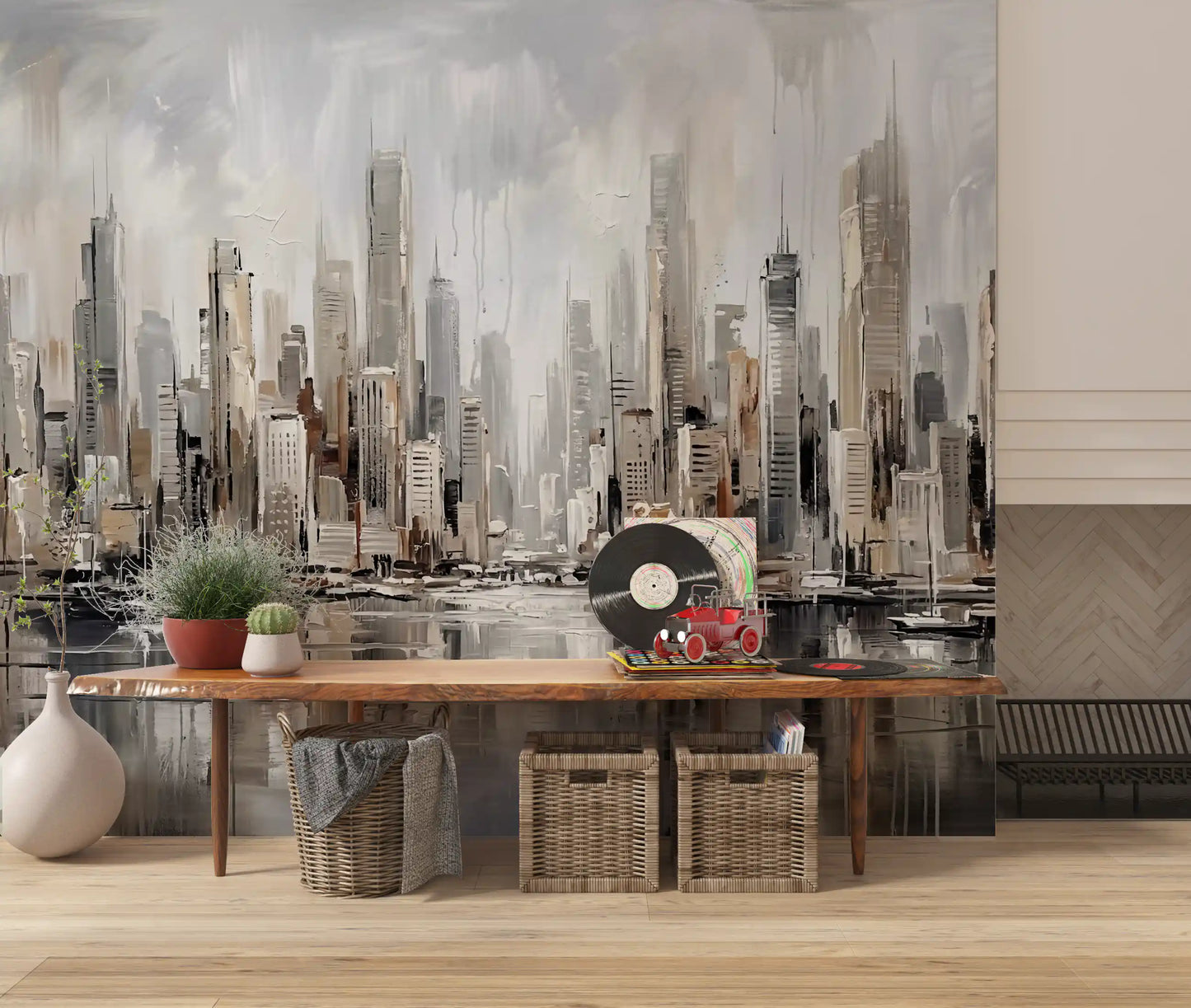 Living room with urban tide wall mural and painted cityscape